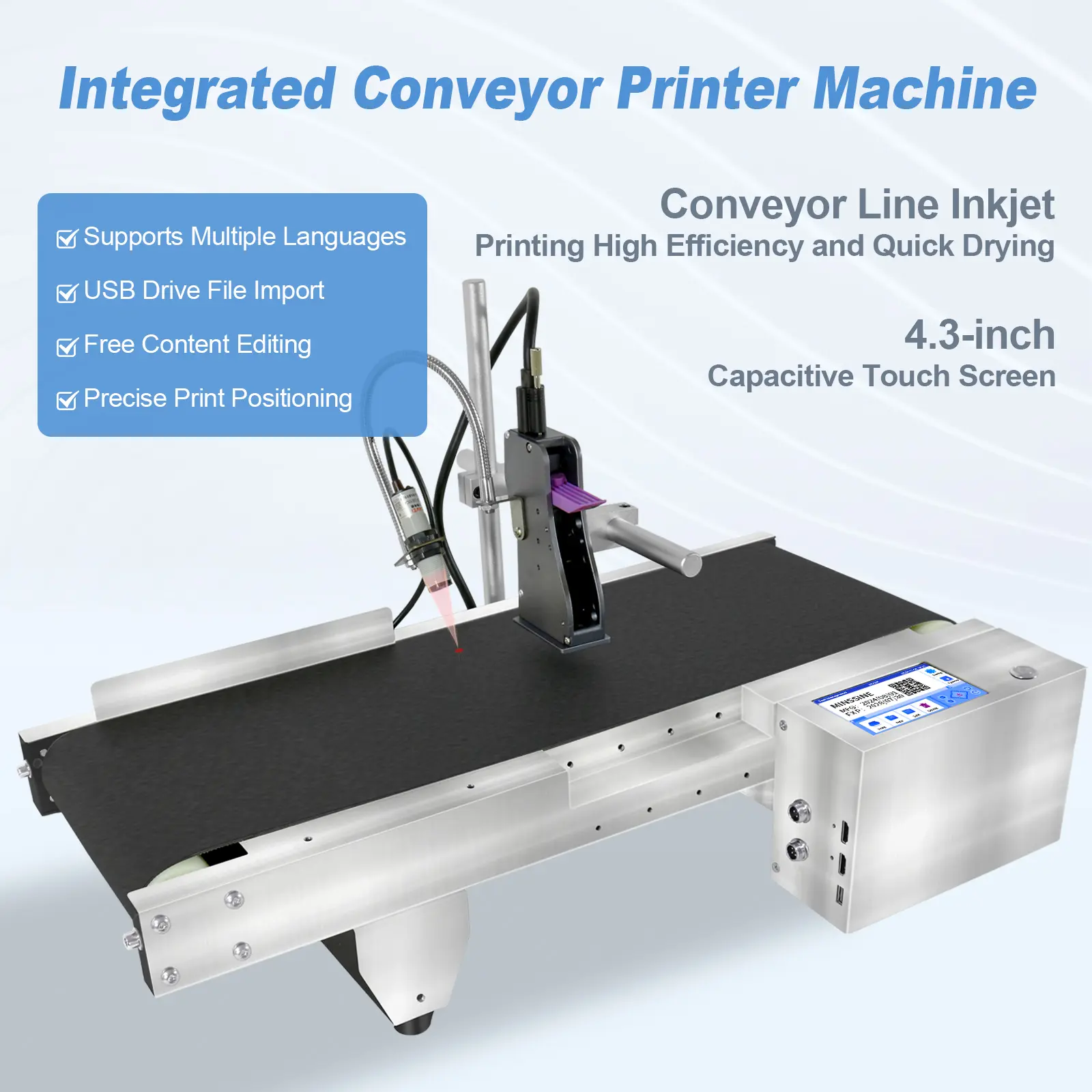 12.7mm Integrated Conveyor Inkjet Printer with 4.3'' Touch Screen for Production Line Inkjet Coding Machine (No Cartridge)