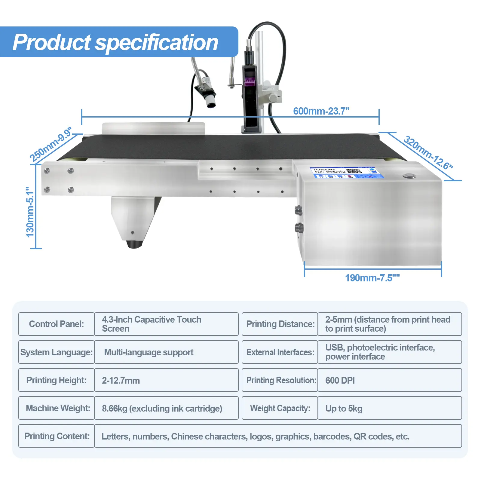 12.7mm Integrated Conveyor Inkjet Printer with 4.3'' Touch Screen for Production Line Inkjet Coding Machine (No Cartridge)