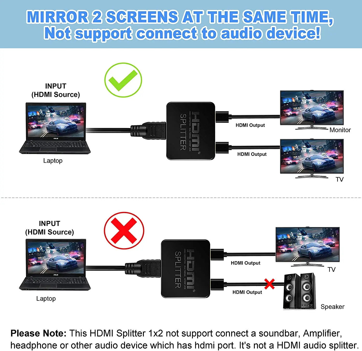 HDMI-Compatible Splitter 1 in 2 Out  Male-Female 4K Splitter for Dual Monitor Duplicate/Mirror 1x2 Splitter 1 to 2 Amplifier