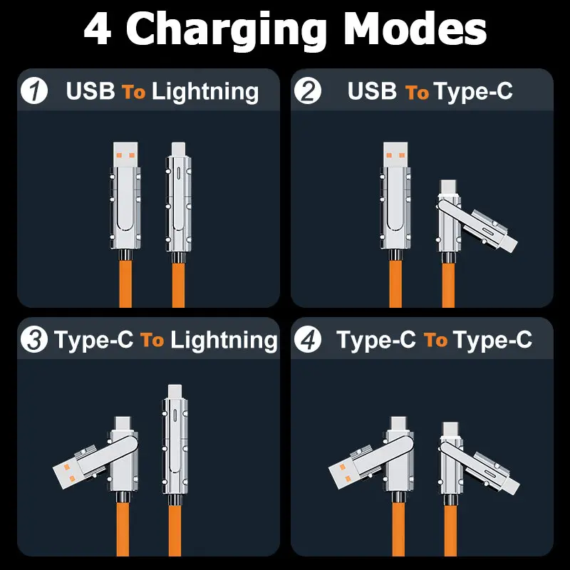 2-to-2 Data Cable 100w Super Fast Charging Cables Zinc Alloy PD 4-in-1 Multi USB Type C to Lightning Type C for Phone Tablet