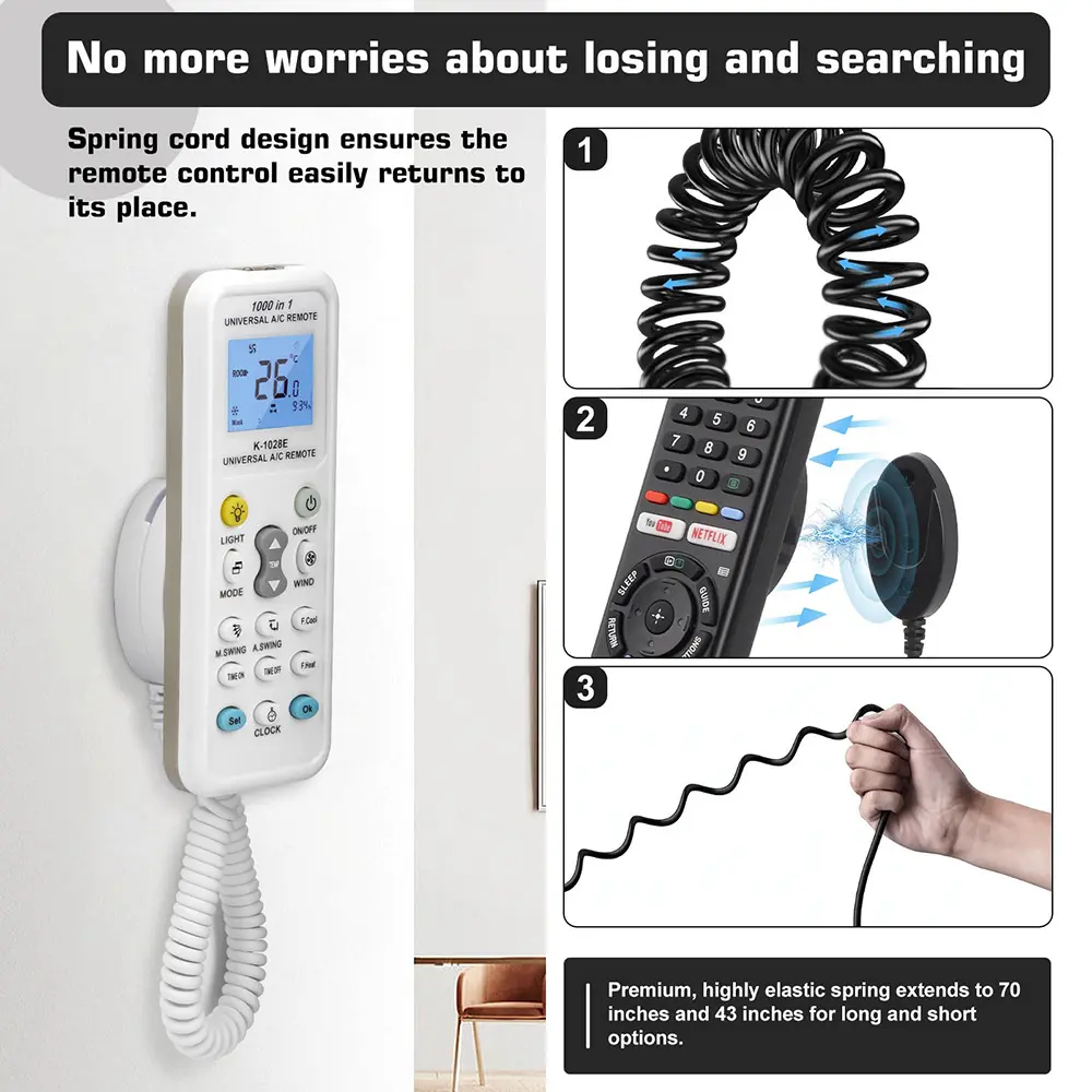 Anti Lost Rope Retractable Spring Remote Control Tether Remote Stand Security Cable Adhesive Hook Wire For Home Hotel Restaurant