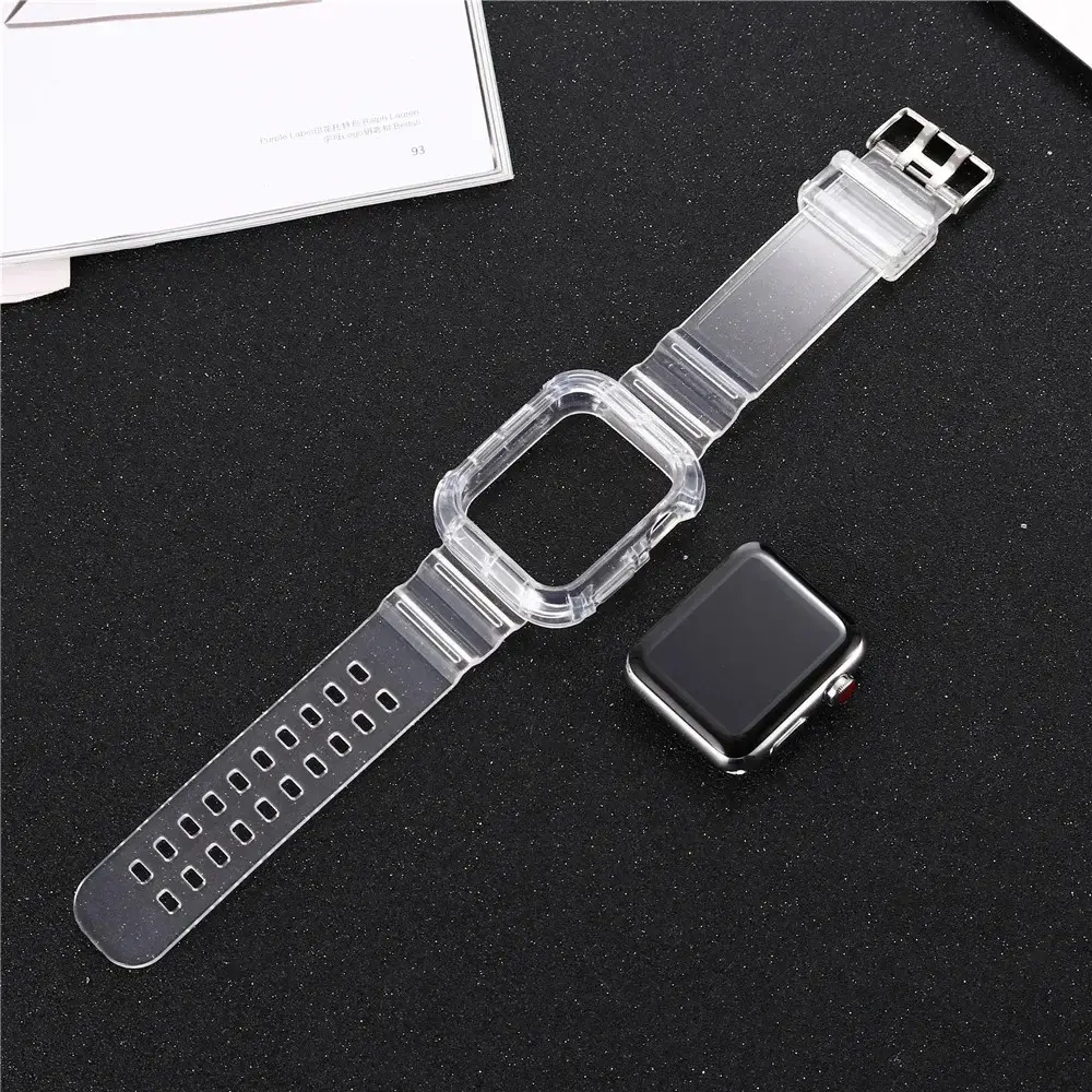 Clear Band + Case for Apple Watch 9 8 7 6 5 SE 4 38MM 42MM Transparent silicone Strap for iwatch 40mm 44mm 41MM 45MM Ultra 49MM