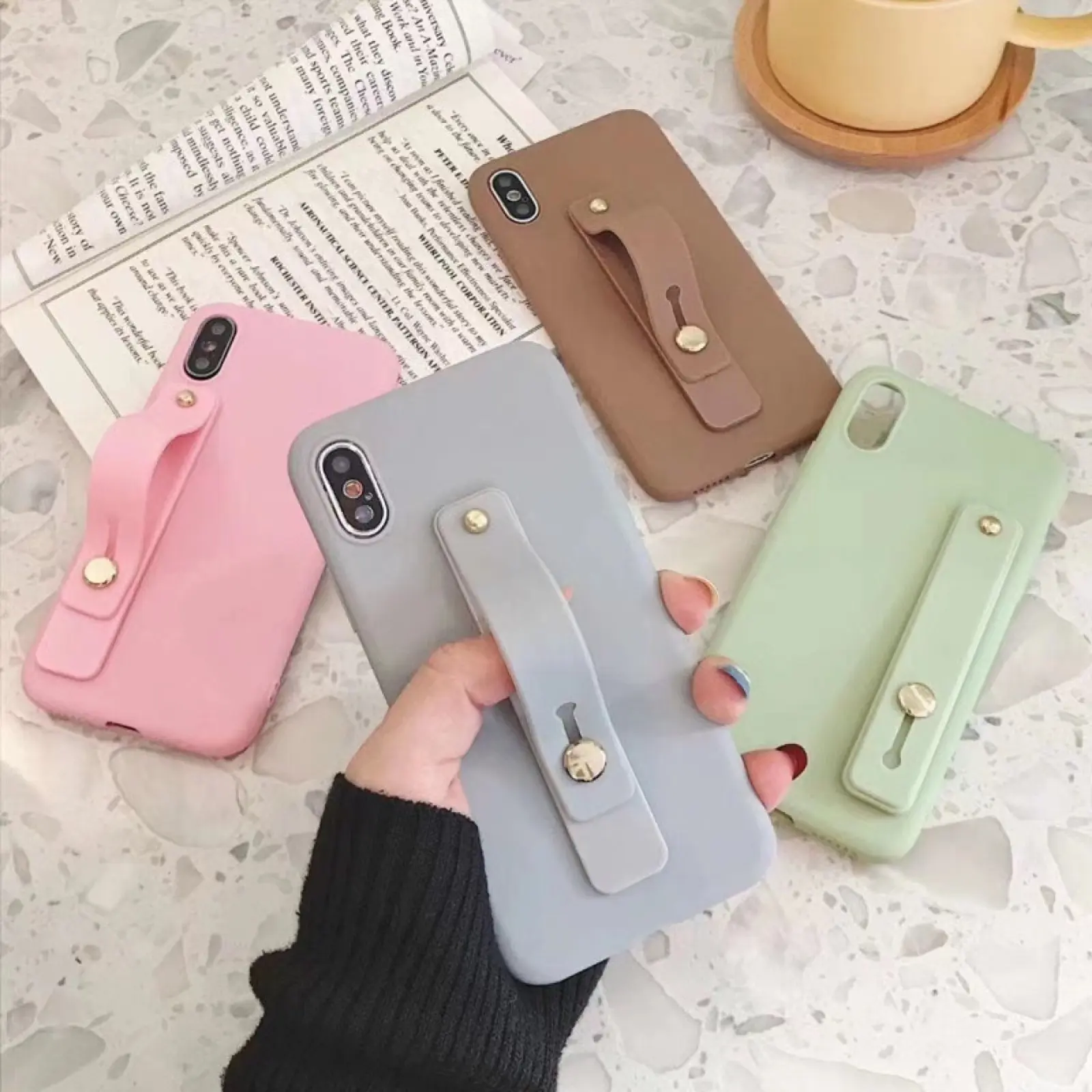 TPU Leather Finger Strap Phone Holder Desktop Grip Stand Simple phone holder