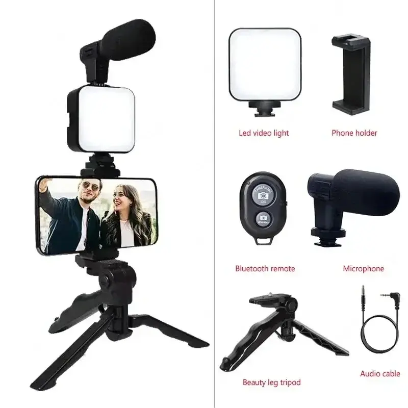 Tripod Phone Holder Smartphone Vlogging Kit With Mini Microphone LED Fill Light Starter For TikTok Live Stream Video YouTube