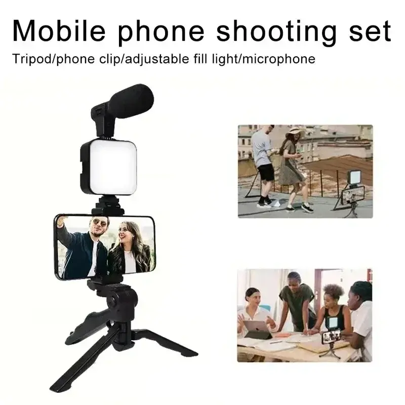 Tripod Phone Holder Smartphone Vlogging Kit With Mini Microphone LED Fill Light Starter For TikTok Live Stream Video YouTube