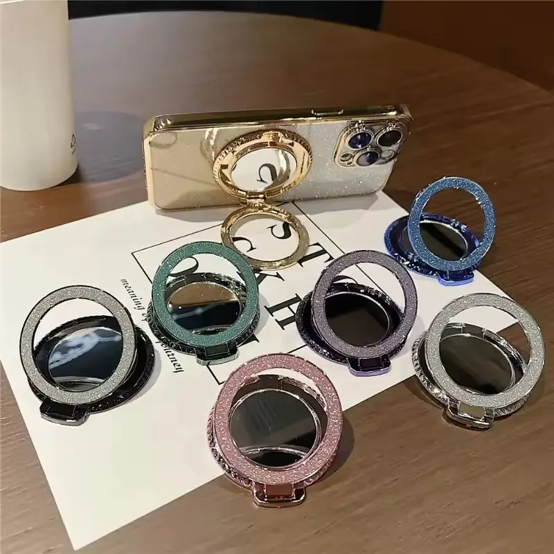Glitter Diamond Phone Holder Stand Bracket Grip 360 Degree Rotating Round Mirror Glitter Bling Holder for iPhone 16 15 Samsung