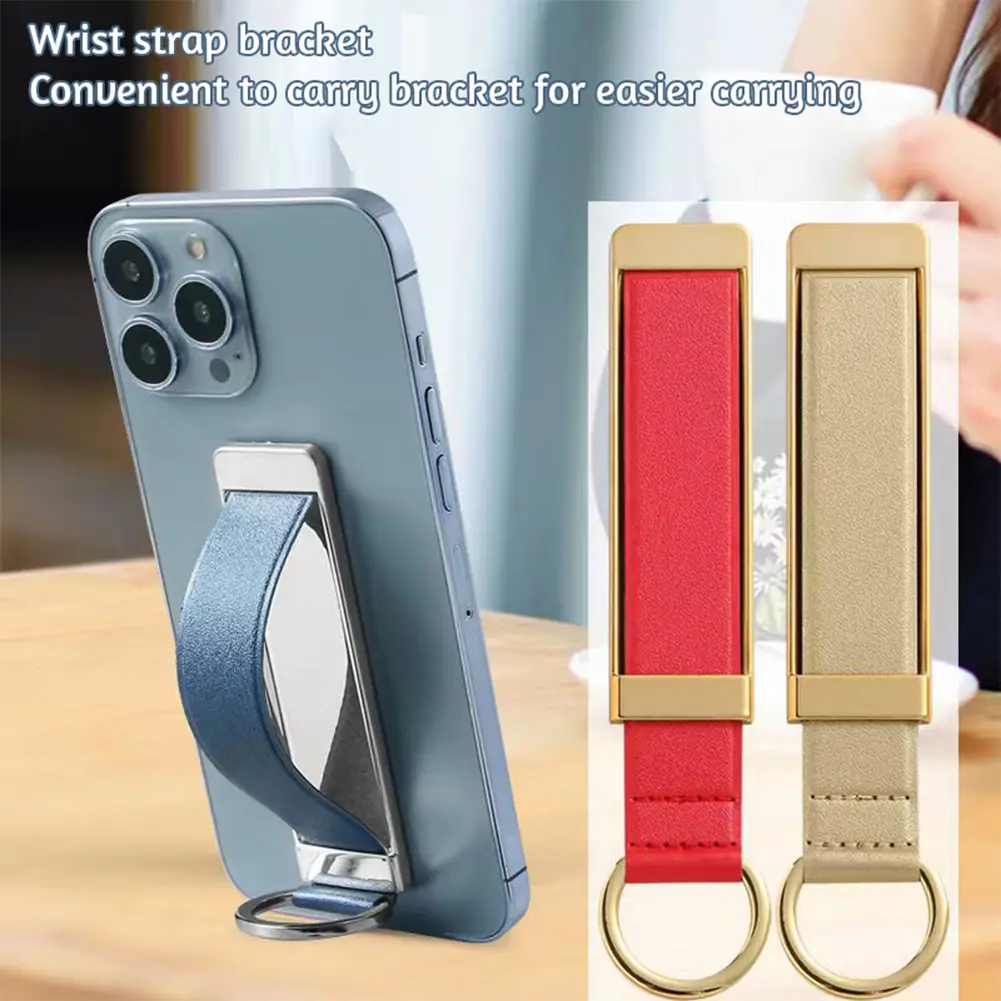 Ultra-Thin Mobile Phone Holder With Leather Wristbands Portable Pull-Out Adhesive Phone Stand Sticker Phone Bracket For Home