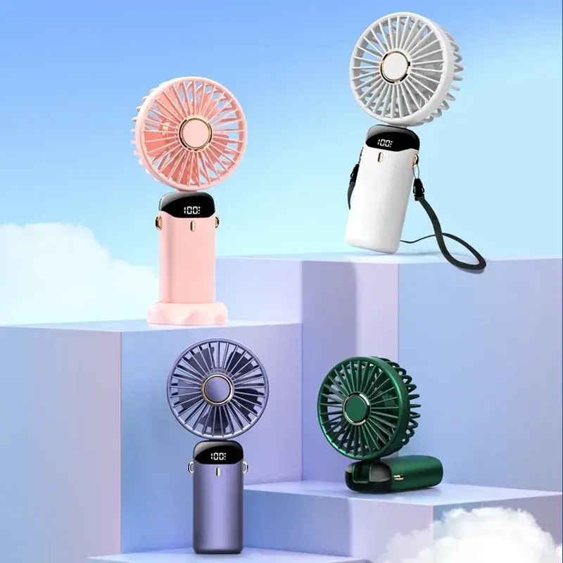 USB Handheld Mini Fan Foldable Portable Neck Hanging Fans 5 Speed USB Rechargeable Fan with Phone Stand and Display Screen cool