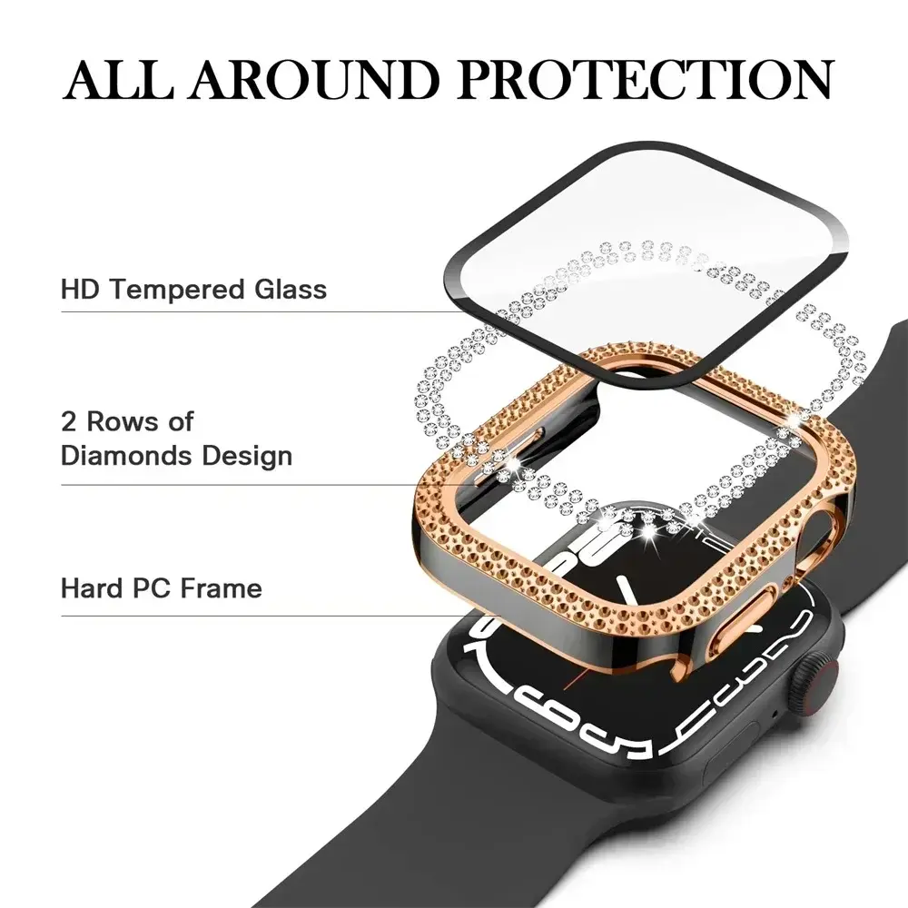 Bling Glass+Cover For Apple Watch Case 44mm 45mm 41mm 40mm 42mm 44 mm Diamond bumper+Screen Protector iwatch series 9 8 7 5 6 SE