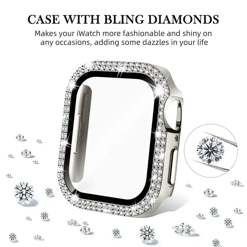 Bling Glass+Cover For Apple Watch Case 44mm 45mm 41mm 40mm 42mm 44 mm Diamond bumper+Screen Protector iwatch series 9 8 7 5 6 SE