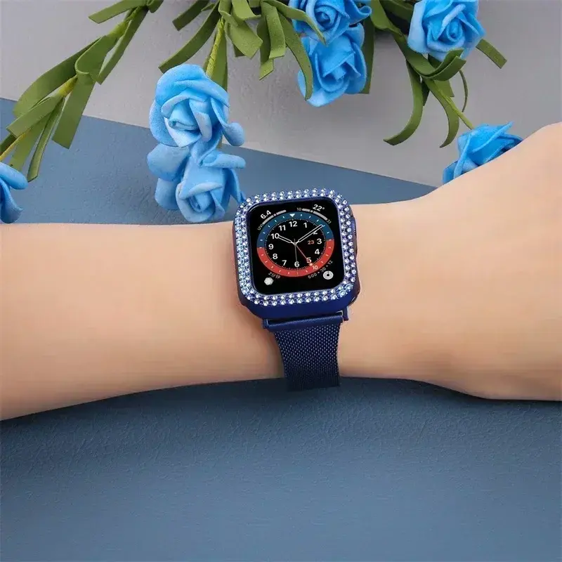 Bling Glass+Cover For Apple Watch Case 44mm 45mm 41mm 40mm 42mm 44 mm Diamond bumper+Screen Protector iwatch series 9 8 7 5 6 SE