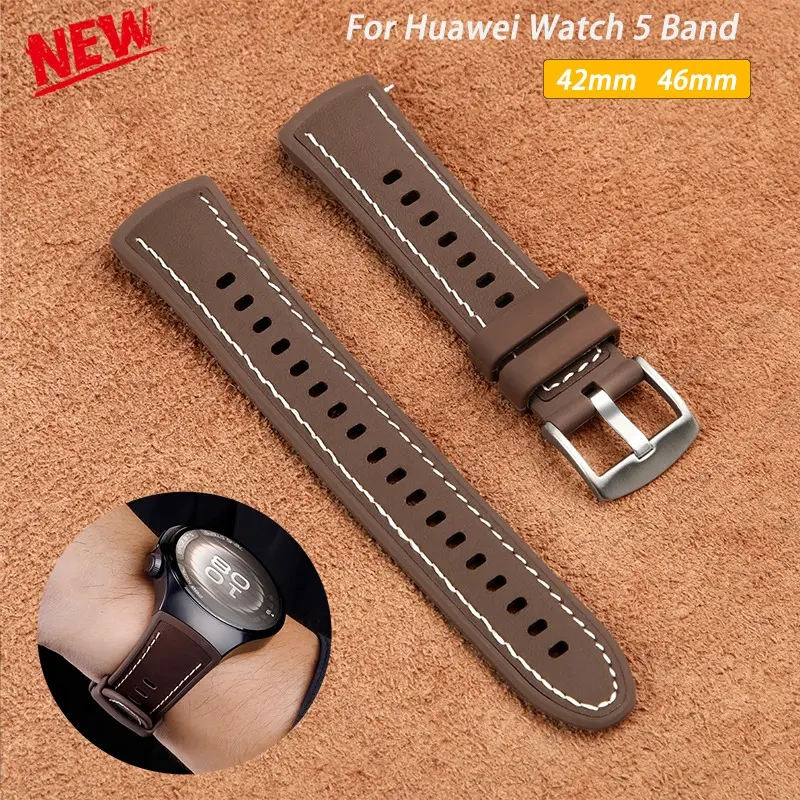 Leather Silicone Strap for Huawei Watch 5 46mm 42mm Band Soft Rubber Wristband for Huawei Watch 5 46mm 42mm Smart Watch Bracelet