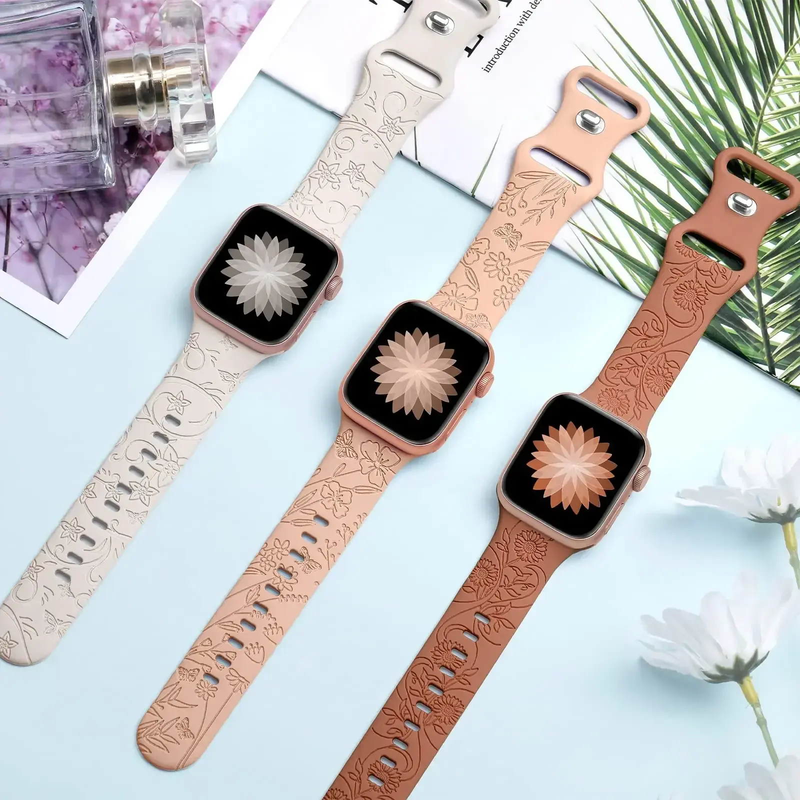 Engraved Strap For Apple Watch Band 40mm 44mm 41mm 49mm 45mm 38mm 42mm silicone Floral bracelet iwatch series 9 7 se 6 8 ultra 2