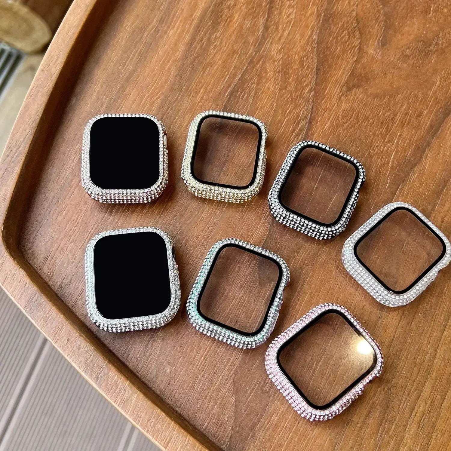 1pc Rhinestone Decor Tempered Glass Screen Protector Watch Case For Apple Watch 38/40/41/42/44/45Mm,Series SE/9/8/7/6/5/4/3/2/1