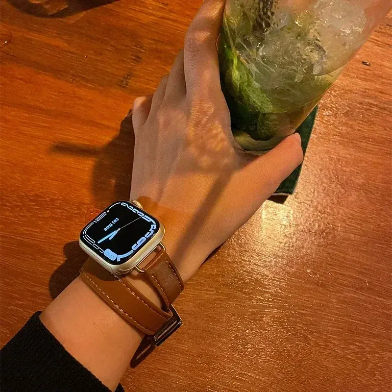 For Apple Watch band 10 42mm 46mm 40mm 41mm Double Tour leather Strap 45mm 44mm Series 10 9 8 7 6 Se 5 4 Ultra 2 Fashion Correa