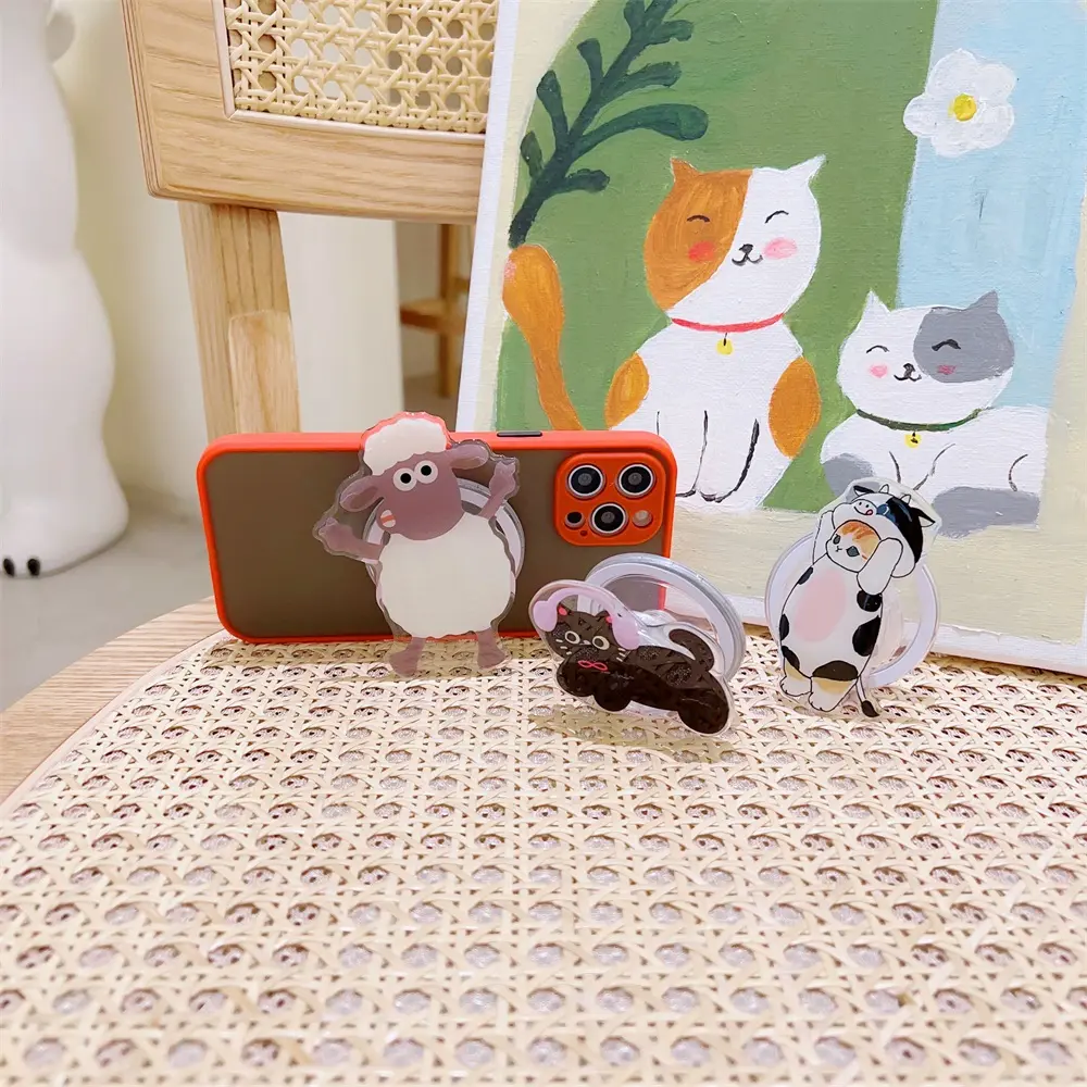 Korean Cute Cartoon For Magsafe Magnetic Phone Griptok Grip Tok Stand For iPhone 15 Foldable Wireless Charging Case Holder Ring