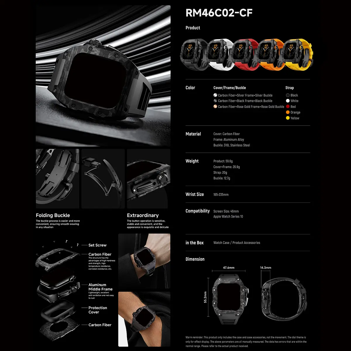 Luxury Modification Kit for Apple Watch 10 46mm Silicone Sport Strap Carbon Fiber Case Watch for IWatch Series 10 46mm