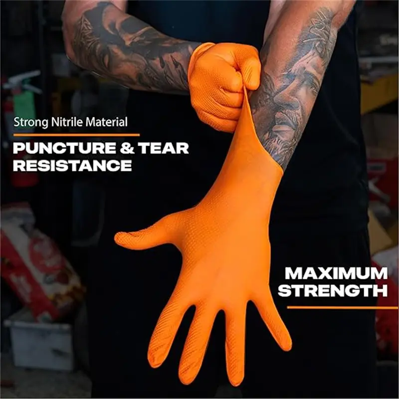 8mil Heavy Duty Industrial Orange Nitrile Gloves Latex Free Diamond Textured Disposable Gloves Mechanic Cleaning Hair Dye Gloves