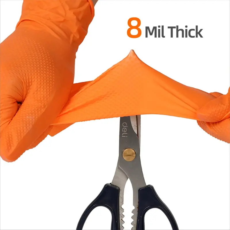 8mil Heavy Duty Industrial Orange Nitrile Gloves Latex Free Diamond Textured Disposable Gloves Mechanic Cleaning Hair Dye Gloves