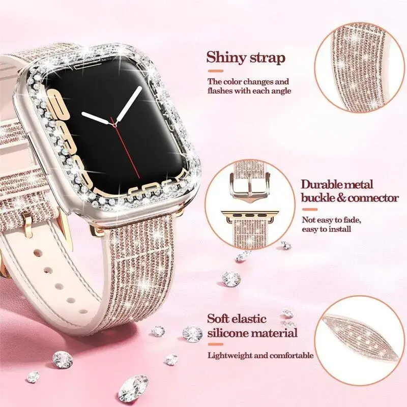 Silicone Leather Strap+Case for Apple Watch Ultra 49mm Band Correa Diamond Case Compatible with IWatch Series 8 7 Se 6 5 4 3 2 1