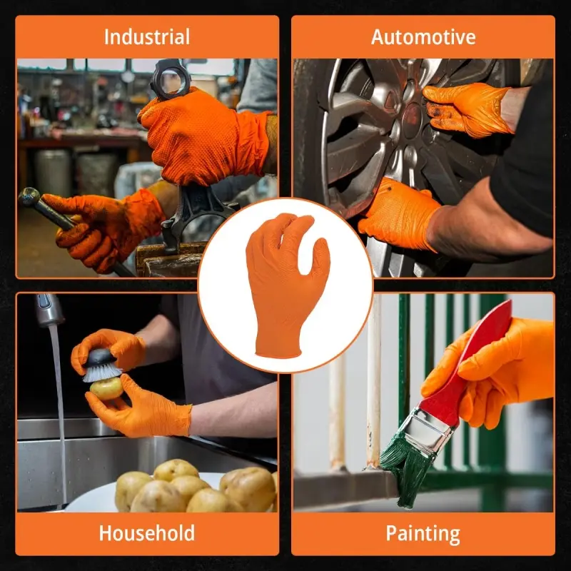 8mil Heavy Duty Industrial Orange Nitrile Gloves Latex Free Diamond Textured Disposable Gloves Mechanic Cleaning Hair Dye Gloves