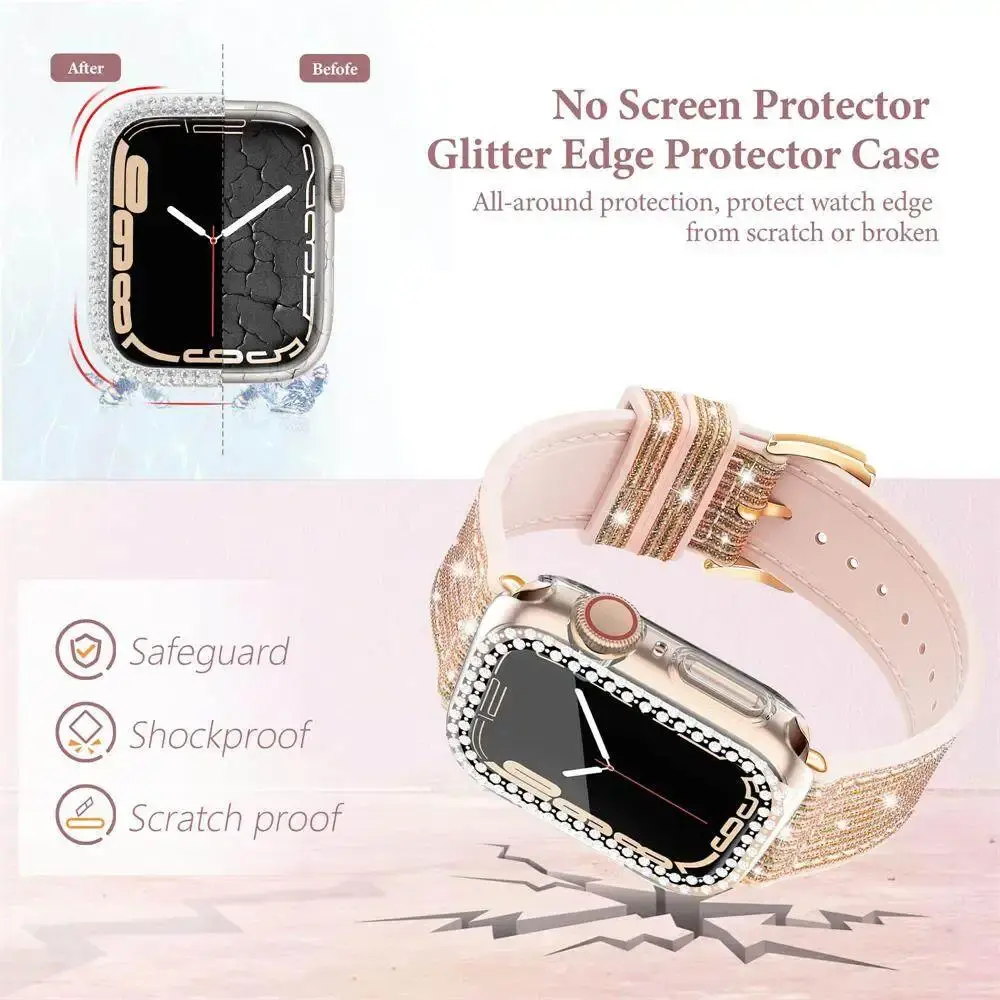 Silicone Leather Strap+Case for Apple Watch Ultra 49mm Band Correa Diamond Case Compatible with IWatch Series 8 7 Se 6 5 4 3 2 1
