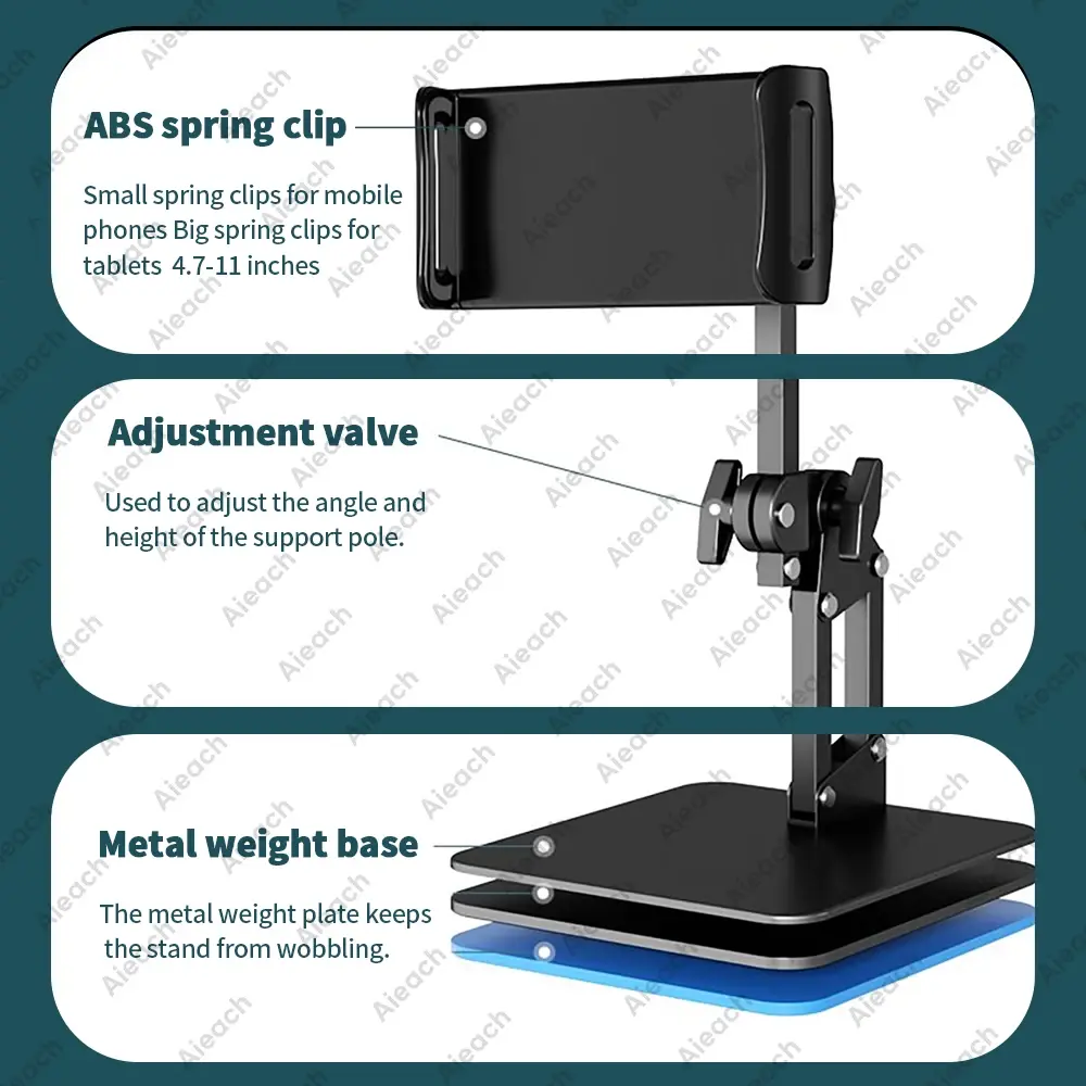 OVOZI Double Clamp Desk Tablet Stand Holder, Adjustable Height 360° Rotation for 4.7-11" Tablet/iPad/Kindle, ABS+Metal Bracket