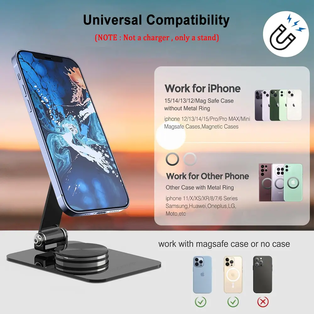 Phone Holder Desktop Magnetic Phone Stand 360° Rotation Foldable Desktop Cell Phone Stand For iPhone 15 14 13 12 Pro Max