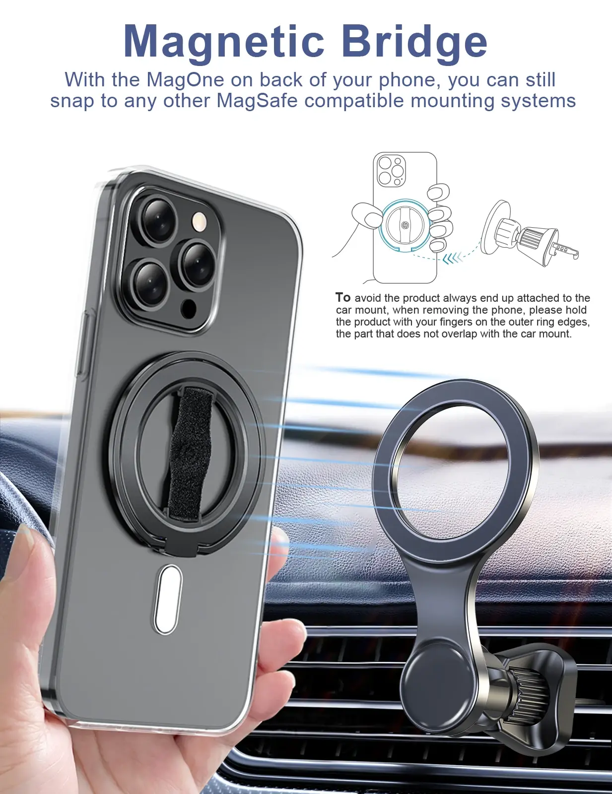 EWA MagOne 3rd Gen Compatible with MagSafe Phone Holder, Removable Magnetic Ring Holder Kickstand Ring for iPhone 16,15,14,13,