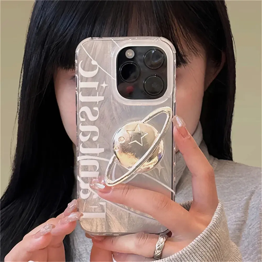 Luxury 3D Silver Planet Love Heart Mirror Metal Bracket Phone Grip Tok Holder For iPhone Accessories Finger Ring Stand Gift