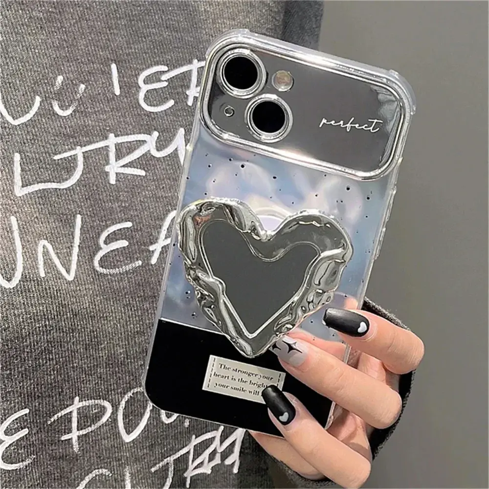Luxury 3D Silver Planet Love Heart Mirror Metal Bracket Phone Grip Tok Holder For iPhone Accessories Finger Ring Stand Gift