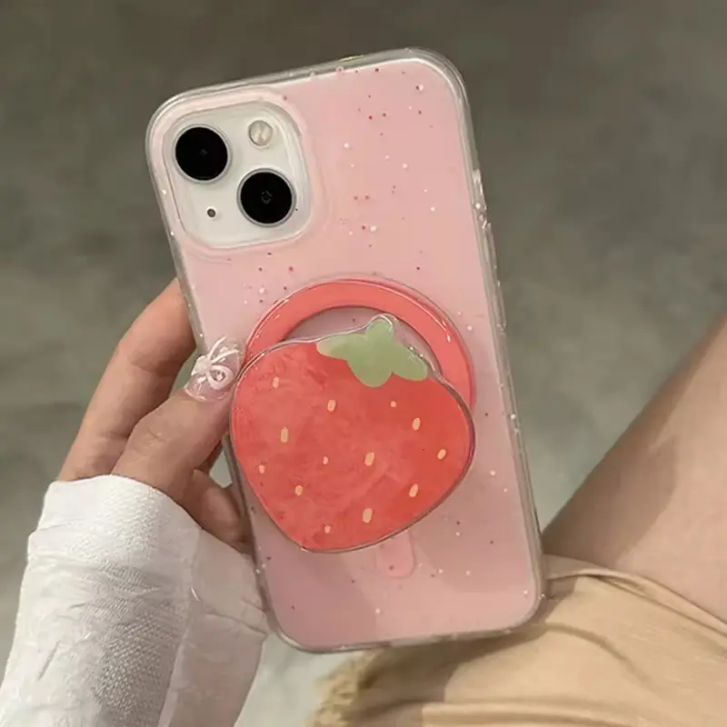 Korean Cute Strawberry Magnetic Holder Grip Tok Phone Stand Bracket Support For iPhone 16 15 Pro Max For Pad Magsafe Smart Tok