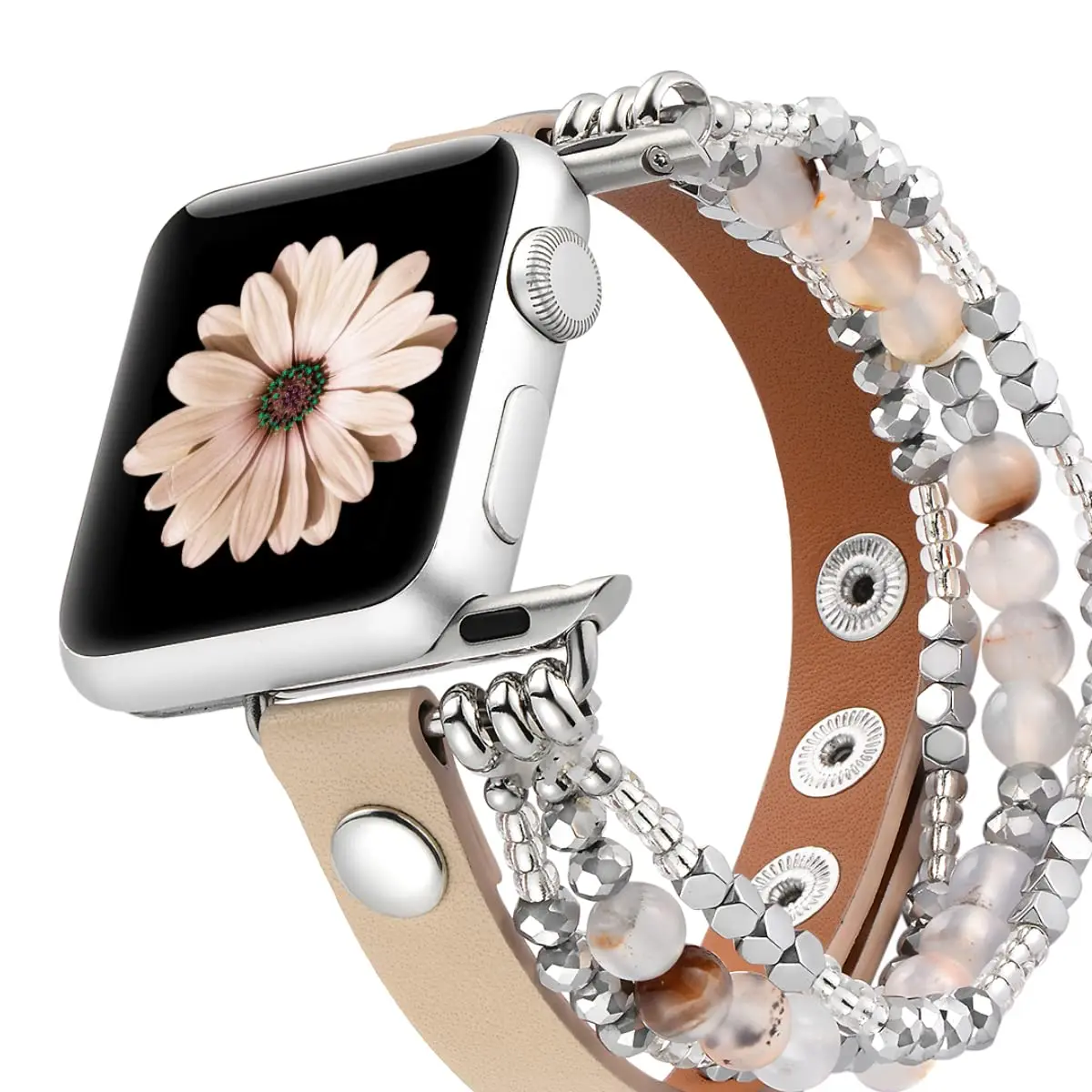 Leather Strap For Apple Watch Ultra 2 Band 49mm 40mm 38mm 41mm Women Elastic Beaded Bracelet Iwatch Series 9 8 7 6 SE 5 4 3 45mm