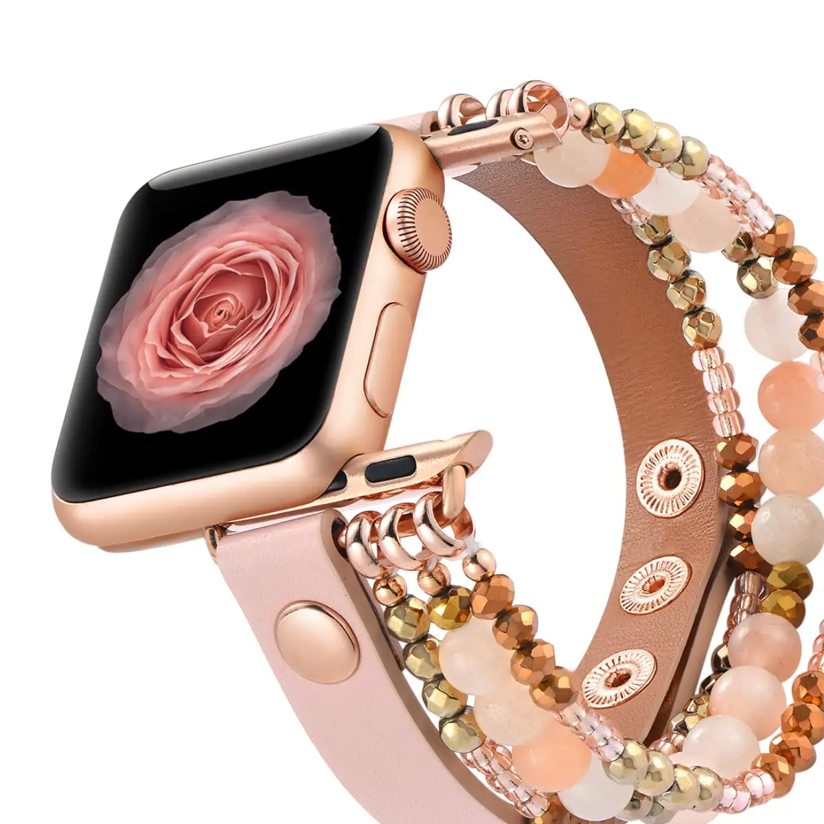 Leather Strap For Apple Watch Ultra 2 Band 49mm 40mm 38mm 41mm Women Elastic Beaded Bracelet Iwatch Series 9 8 7 6 SE 5 4 3 45mm