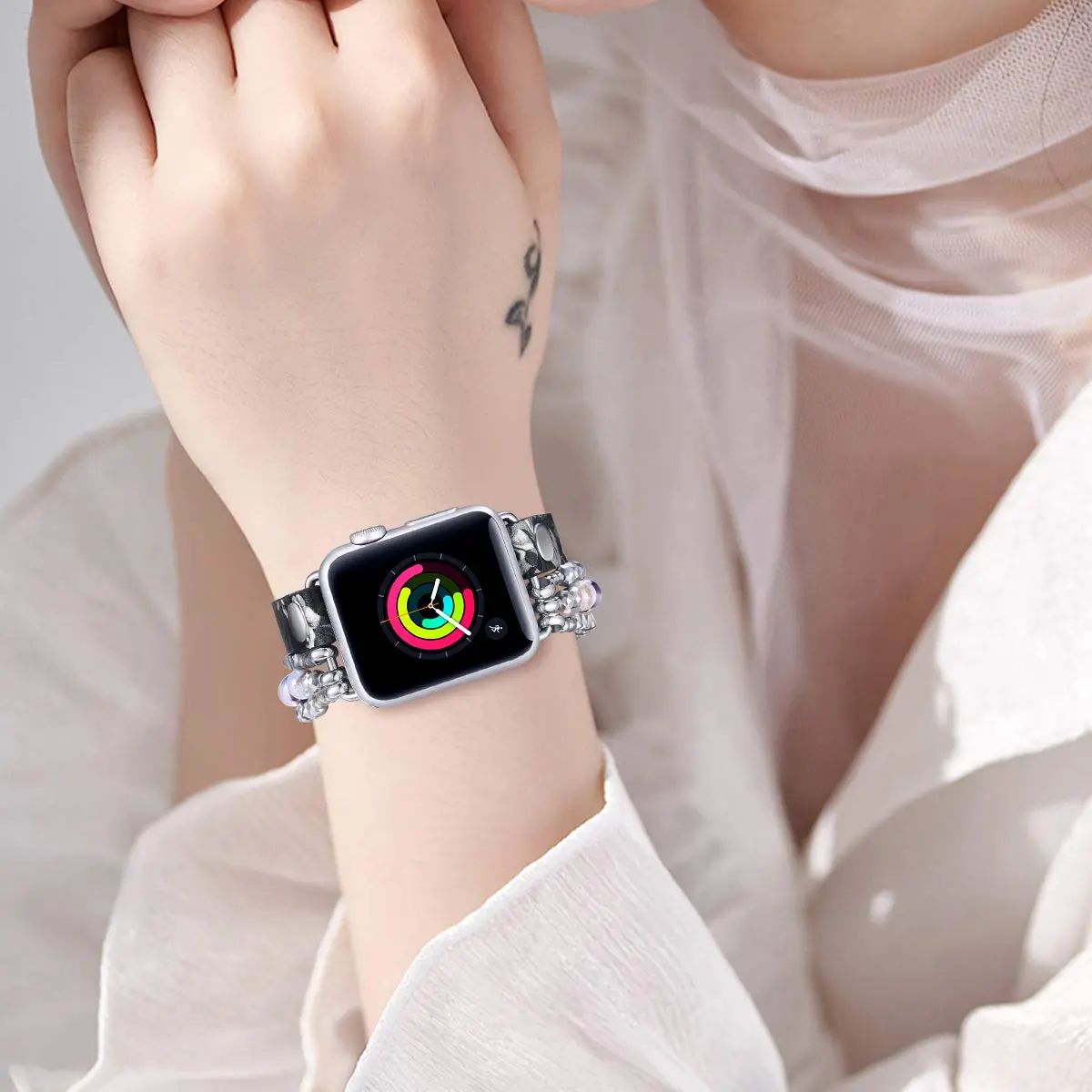 Leather Strap For Apple Watch Ultra 2 Band 49mm 40mm 38mm 41mm Women Elastic Beaded Bracelet Iwatch Series 9 8 7 6 SE 5 4 3 45mm