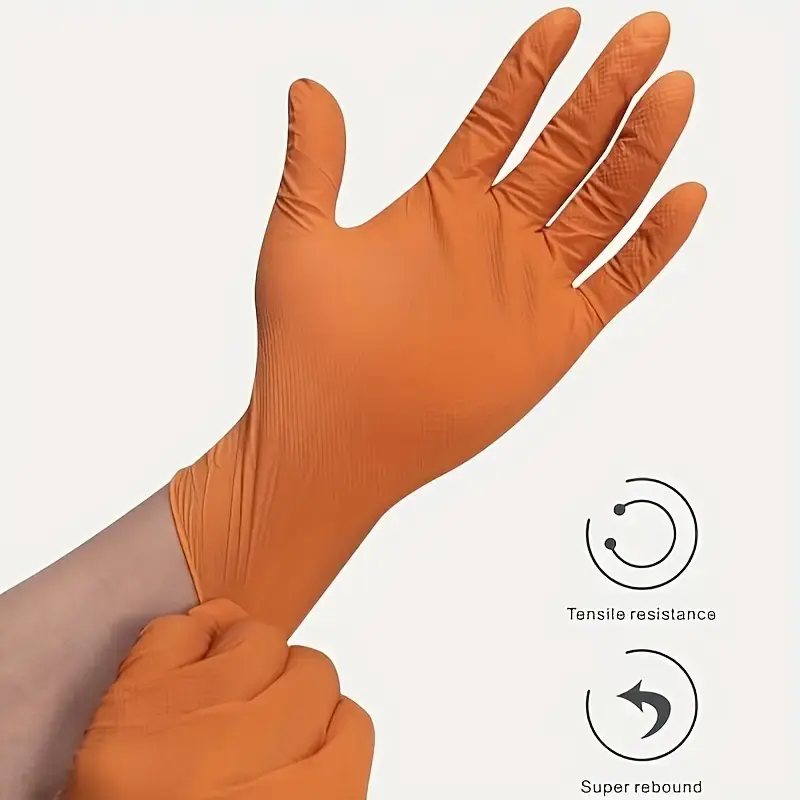 10/50PCS Heavy Duty Orange Industrial Nitrile Gloves Disposable 8mil Raised Diamond Texture Gloves Mechanic Tattoo Safety Gloves