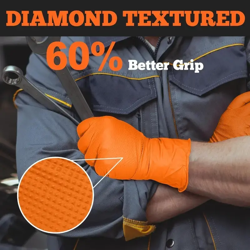 10/50PCS Heavy Duty Orange Industrial Nitrile Gloves Disposable 8mil Raised Diamond Texture Gloves Mechanic Tattoo Safety Gloves