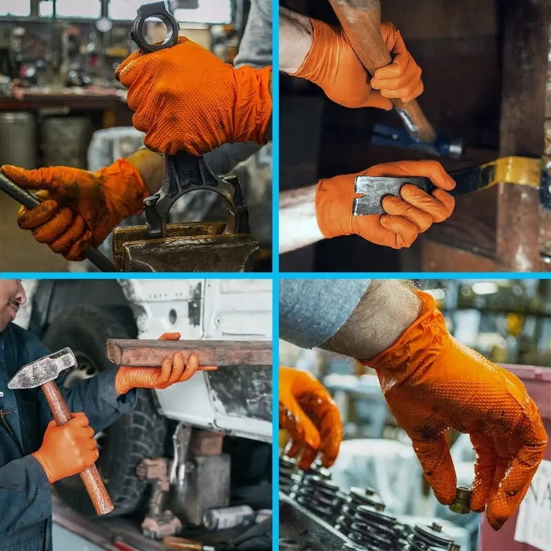 10/50PCS Heavy Duty Orange Industrial Nitrile Gloves Disposable 8mil Raised Diamond Texture Gloves Mechanic Tattoo Safety Gloves