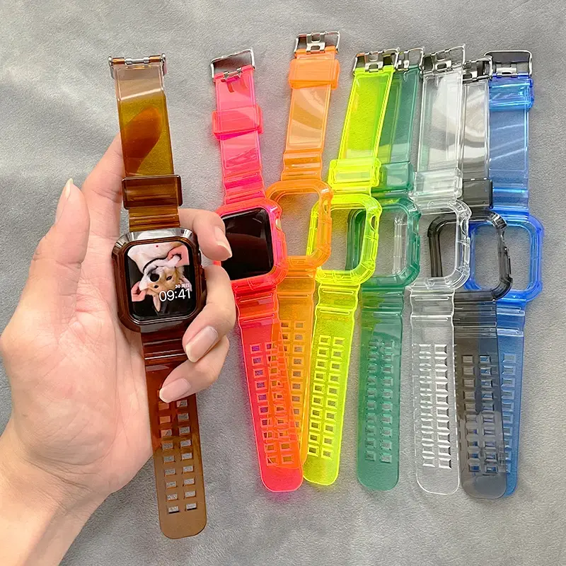 Clear Band + Case for Apple Watch Series 9 8 7 6 SE 5 49mm 45mm 44mm 38mm 41mm Transparent for iwatch 10 46mm 42mm Plastic Strap