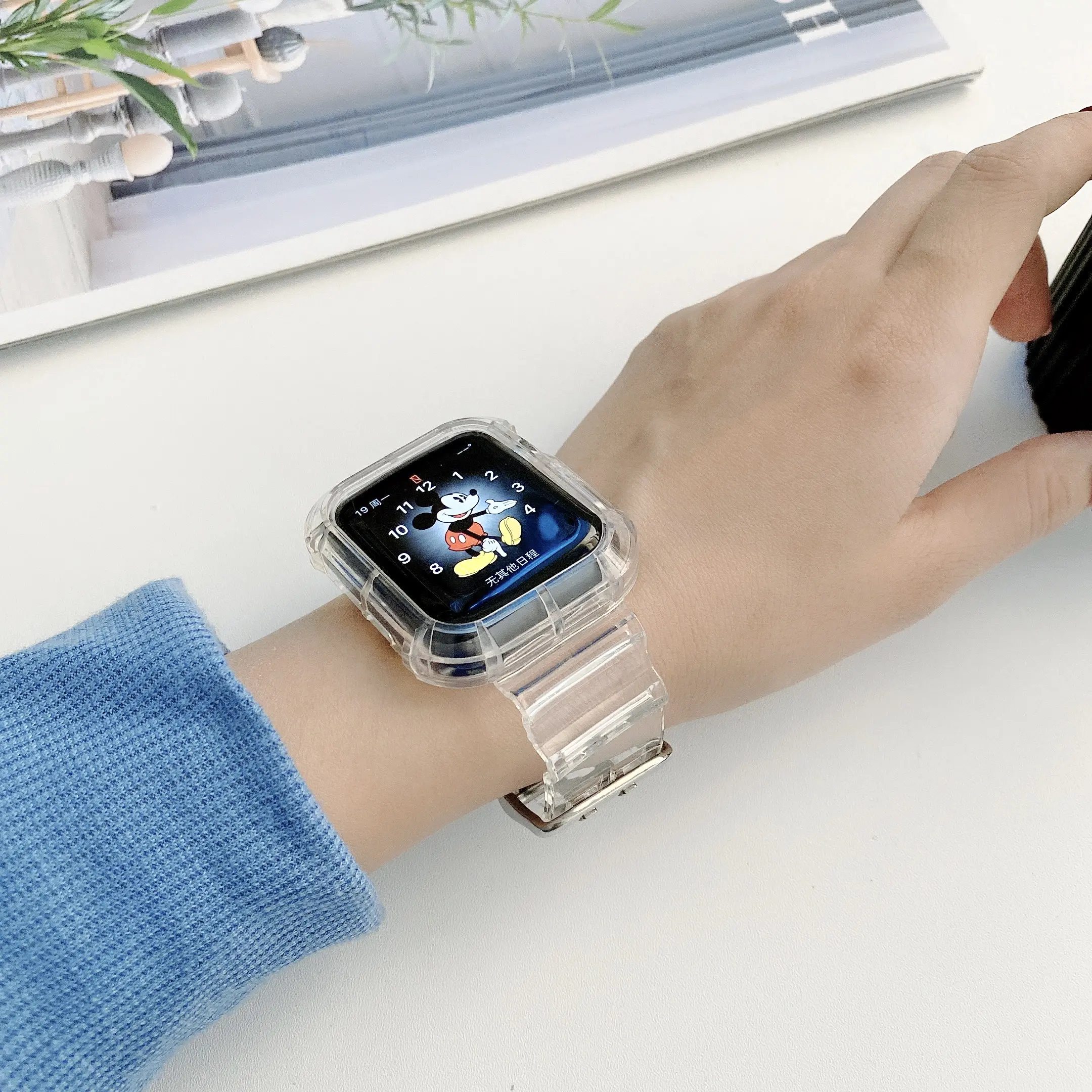 Clear Band + Case for Apple Watch Series 9 8 7 6 SE 5 49mm 45mm 44mm 38mm 41mm Transparent for iwatch 10 46mm 42mm Plastic Strap