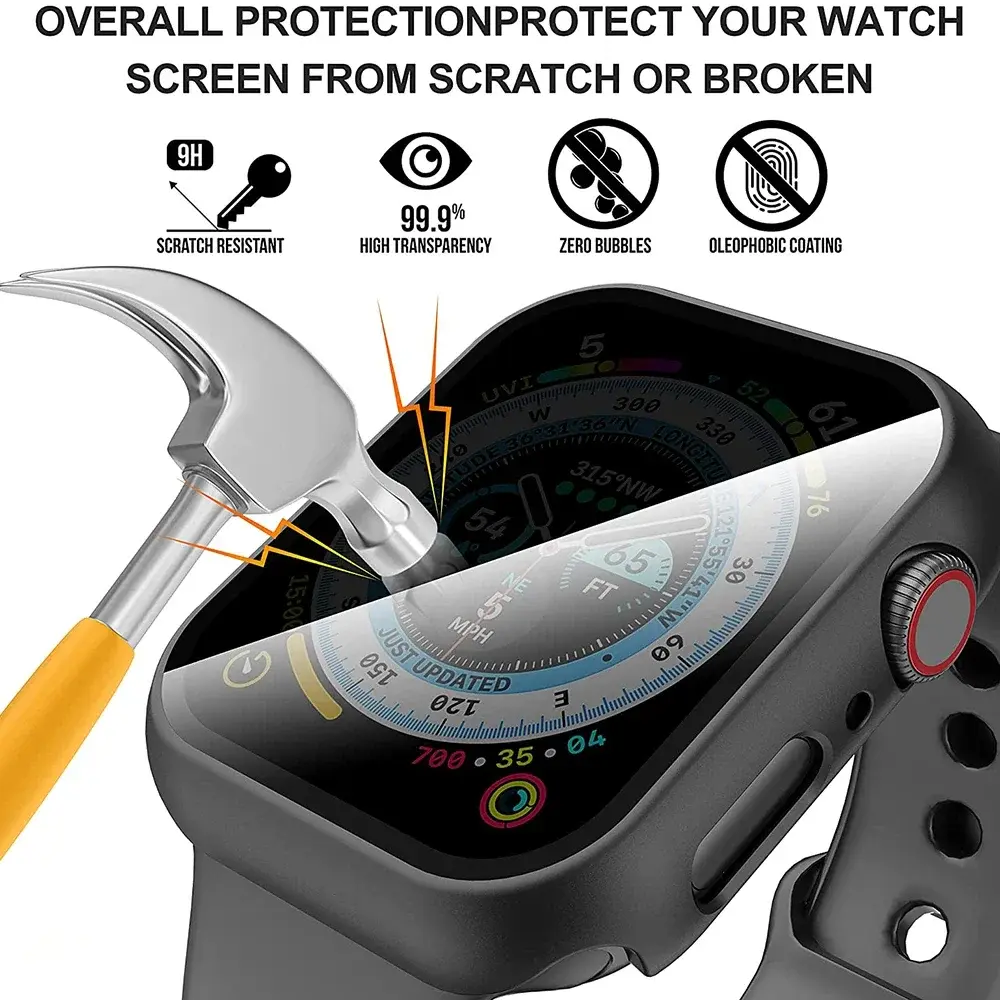 Privacy Glass+Case for Apple Watch 49mm 45mm 41mm 44mm 40mm Tempered Anti-Peeping Screen Protector for IWatch 8 7 6 5 4 9 Cover