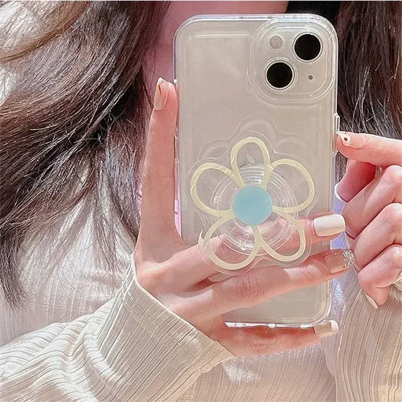 Ins Graffiti Foldable Phone Stand  Transparent Cute Flower Cell Holder Airbag For iPhone 16 Samsung Xiaomi Finger Jacket Mount
