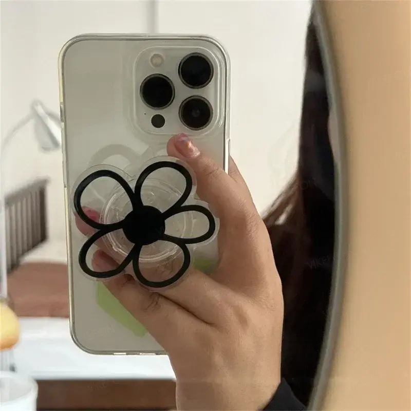 Ins Graffiti Foldable Phone Stand  Transparent Cute Flower Cell Holder Airbag For iPhone 16 Samsung Xiaomi Finger Jacket Mount