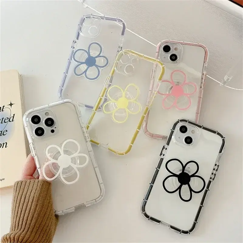 Ins Graffiti Foldable Phone Stand  Transparent Cute Flower Cell Holder Airbag For iPhone 16 Samsung Xiaomi Finger Jacket Mount