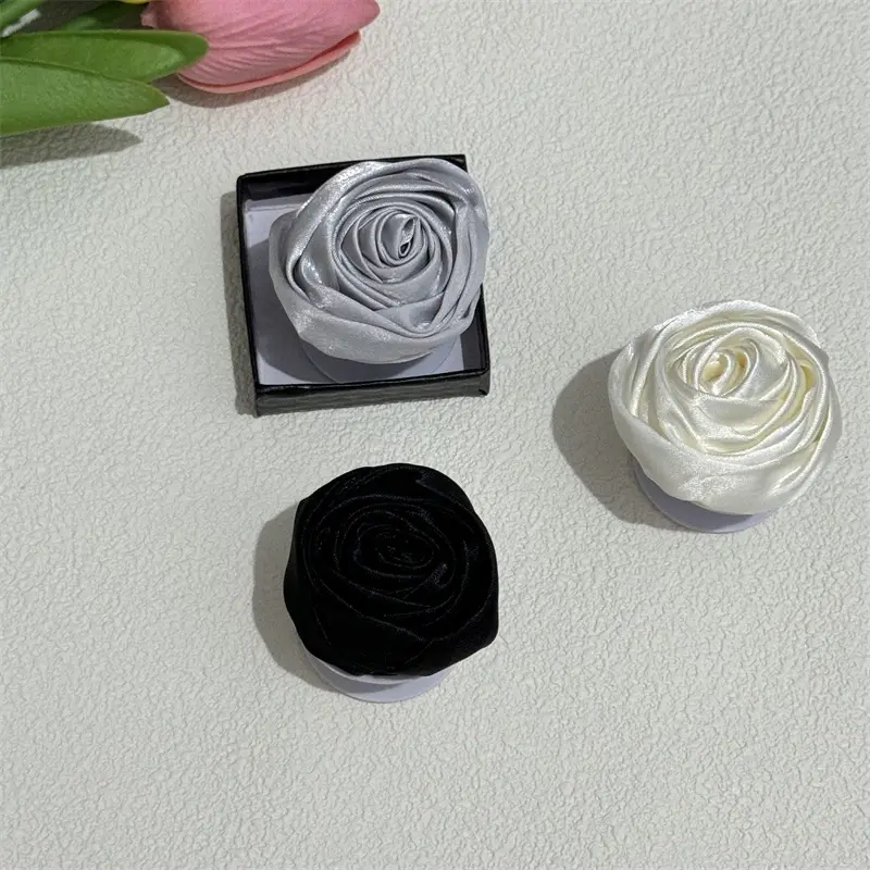 High Quality Handmade Satin Fabric Rose Flower Mobile Phone Stand Holder Grip Tok Support Flora Universal Case Cover Bracket