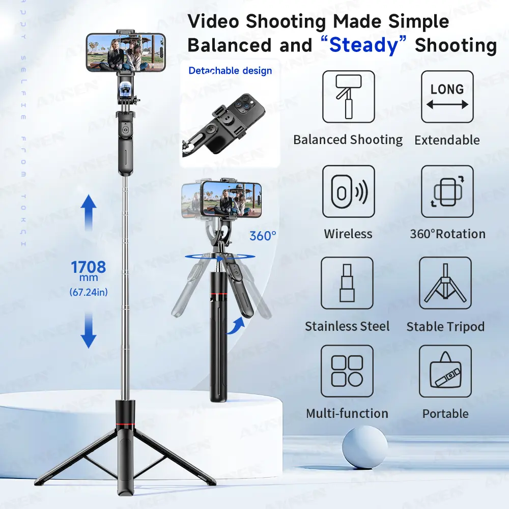 F16 Selfie Stick Tripod with 1708mm Long 8-Section Pole, Bluetooth Remote, 360° Rotation, 1/4 Interface, for Phone Camera Vlog