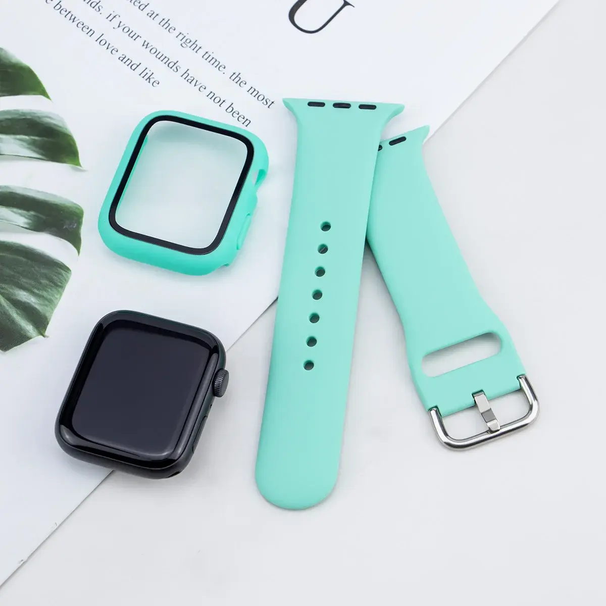 Case+Strap for Apple Watch 45mm 41mm 42mm 44mm 40 38mm Silicone Strap PC Case Glass Cover for Iwatch Series 9 8 7 6 SE 5 4 3 2 1