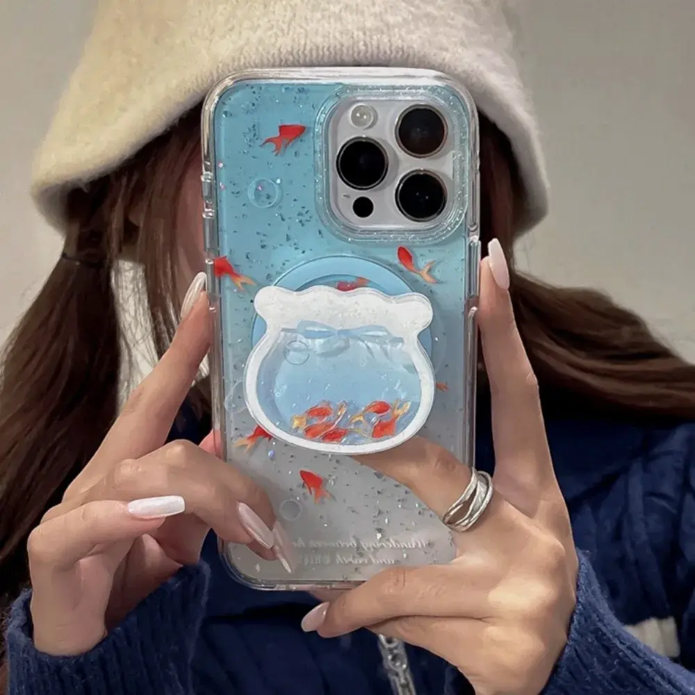 Gradient Aqua Blue Cute Little Goldfish MagSafe Grip Talk Wireless Charge Case for IPhone 17 16 Goldfish Shake Magnetic Stand