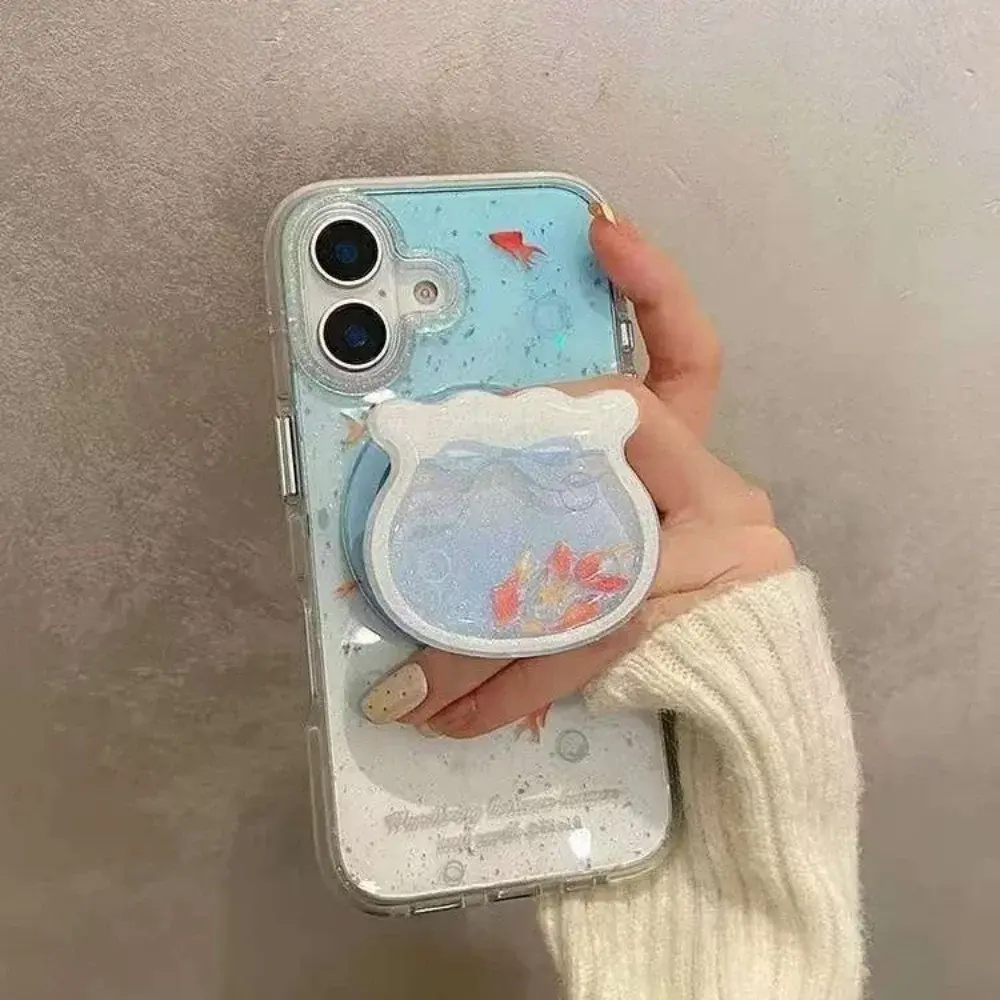 Gradient Aqua Blue Cute Little Goldfish MagSafe Grip Talk Wireless Charge Case for IPhone 17 16 Goldfish Shake Magnetic Stand