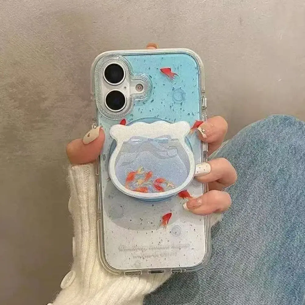 Gradient Aqua Blue Cute Little Goldfish MagSafe Grip Talk Wireless Charge Case for IPhone 17 16 Goldfish Shake Magnetic Stand